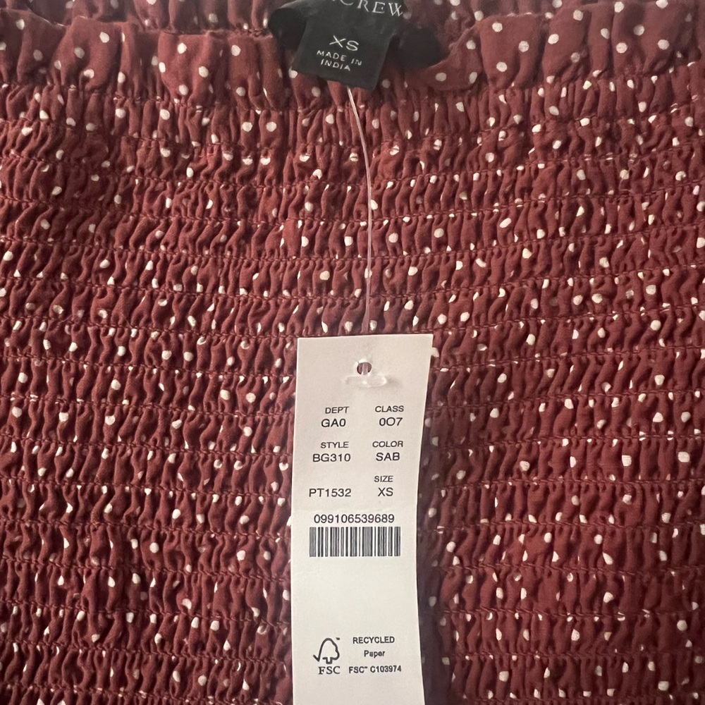 J. Crew Brown and Orange Puff Sleeve Smocked Peplum Blouse - Picture 2 of 4